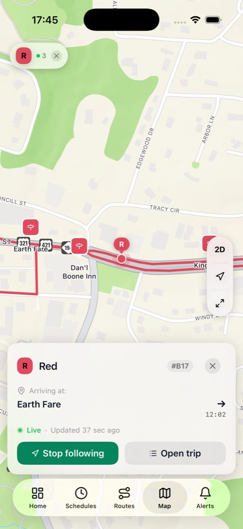AppalRider — following a live bus on the Red line in 3D