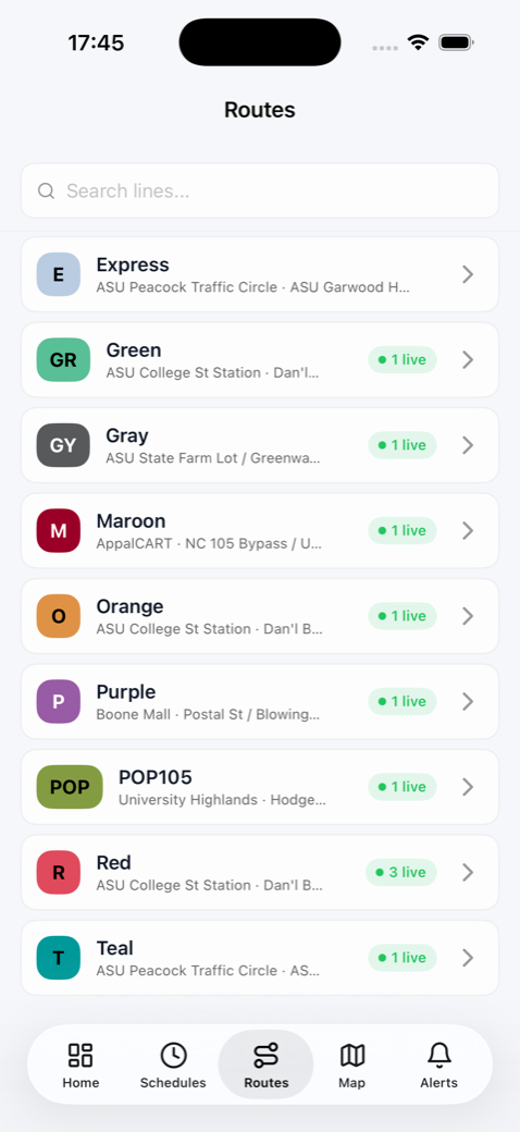AppalRider — live routes for the Boone network